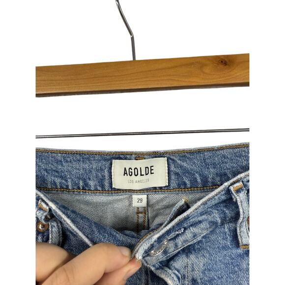 AGOLDE Riley Long High Rise Straight Jeans Medium Wash 29 Button Fly Distress - Picture 3 of 9